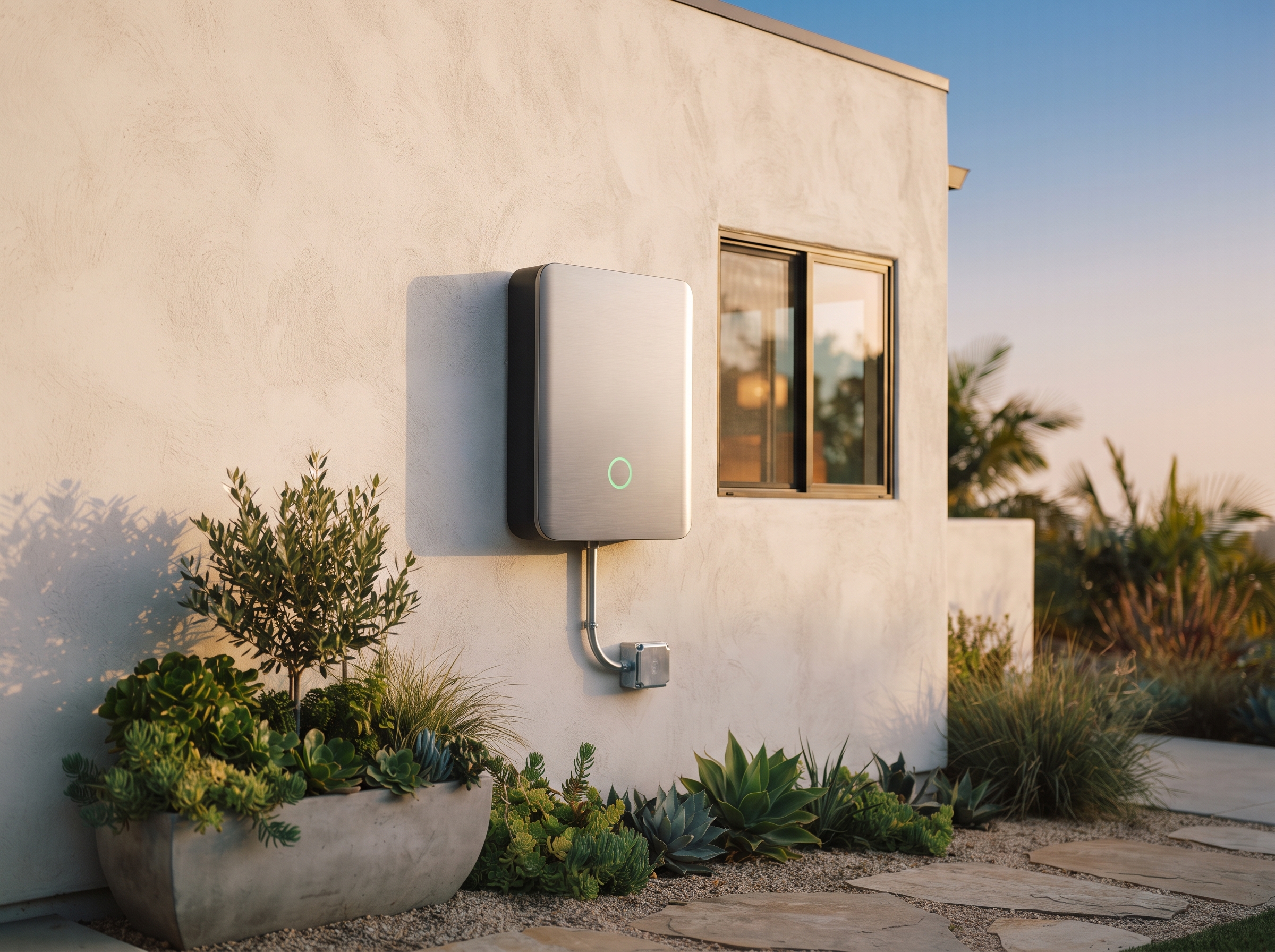 Batteries — wall-mounted lithium storage cabinet on a California home exterior